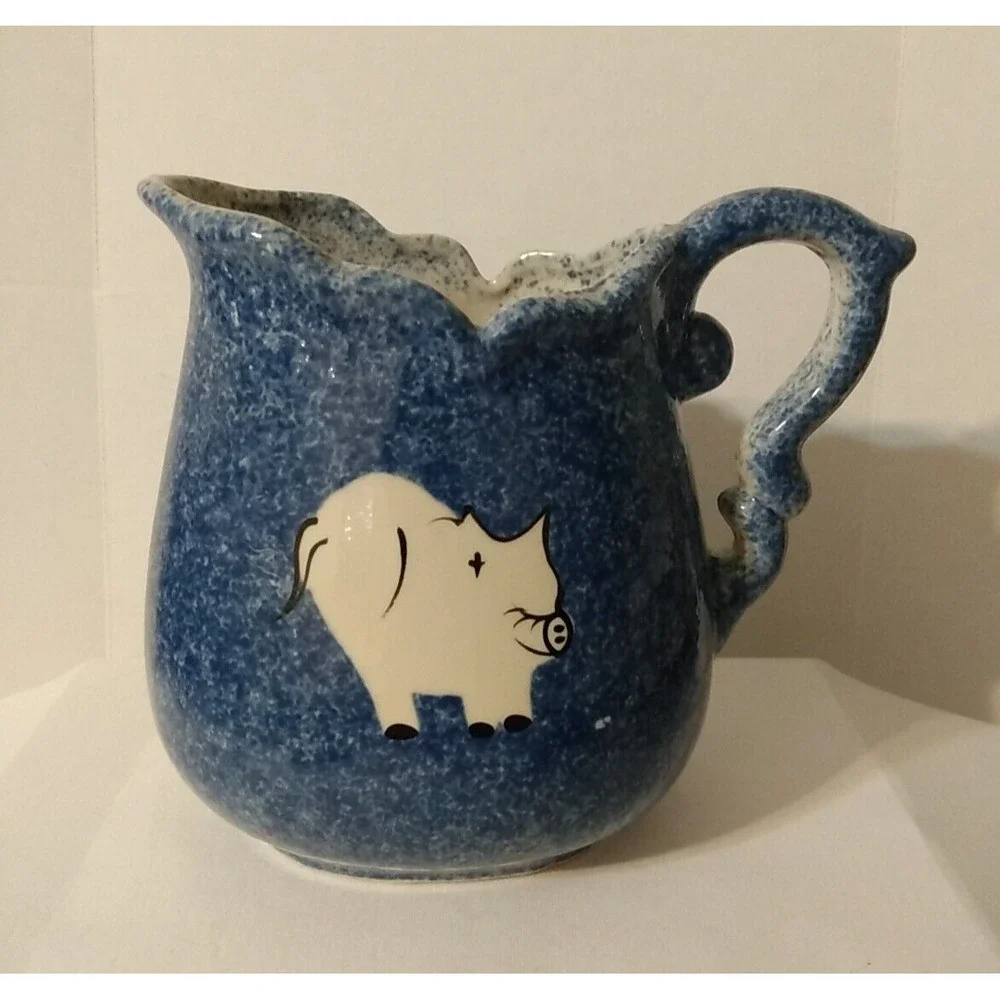 Blue Spongeware Calico China Pitcher with Pig Speckled Country Farmhouse decor